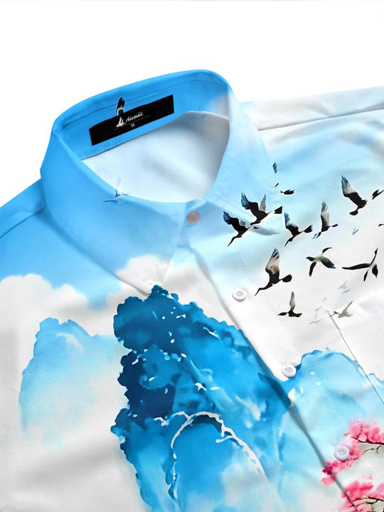 Art Landscape Ink Wash Mountains And Floral Men's Pocket Short Sleeve Shirts