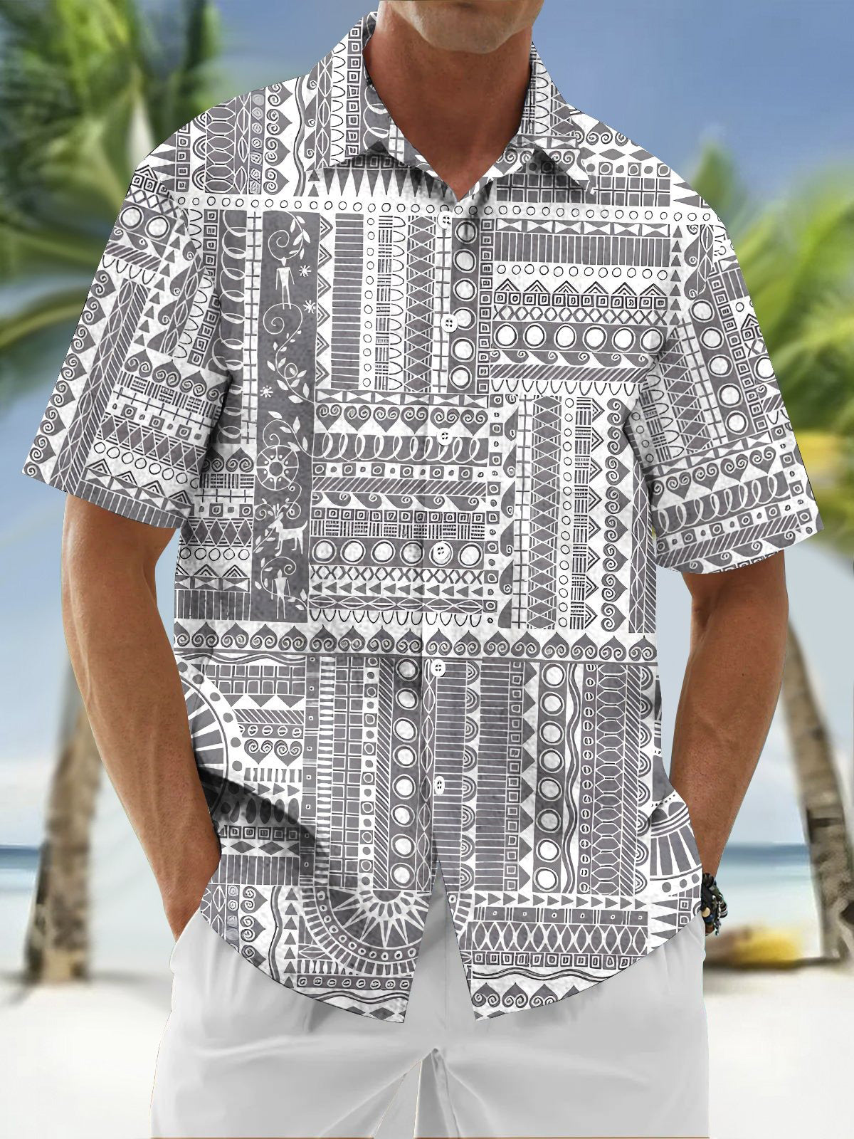 Retro Geometric Art Print Men's Pocket Short Sleeve Shirts