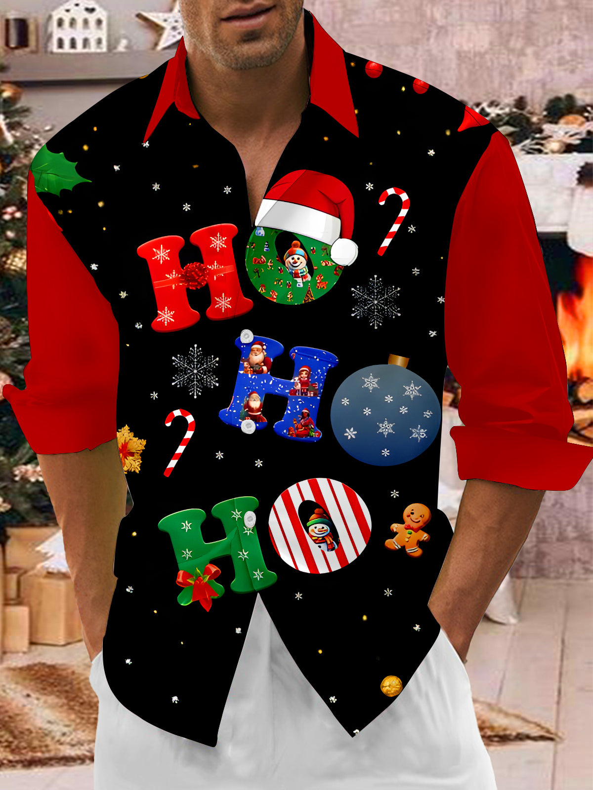 Fun Christmas Words Color Block Xmas Men's Pocket Long Sleeve Shirts