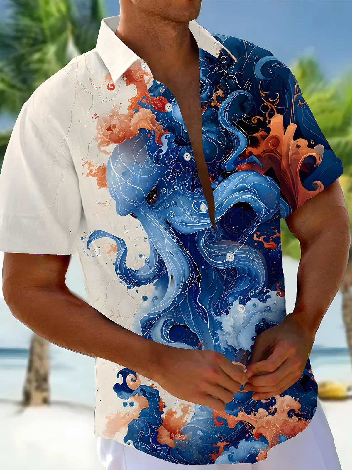 Hawaiian Octopus Print Men's Pocket Short Sleeve Shirts