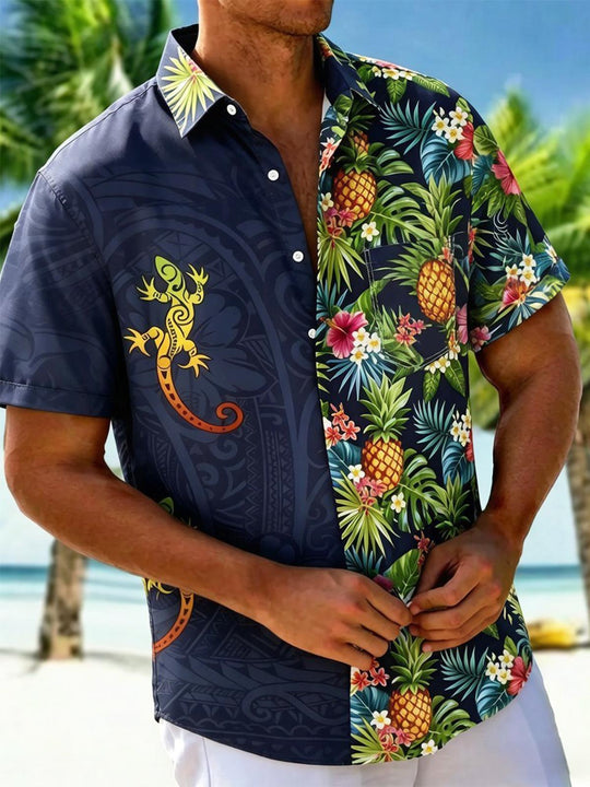 Hawaiian Tribal Lizard Pineapple Tropical Men's Pocket Short Sleeve Shirts