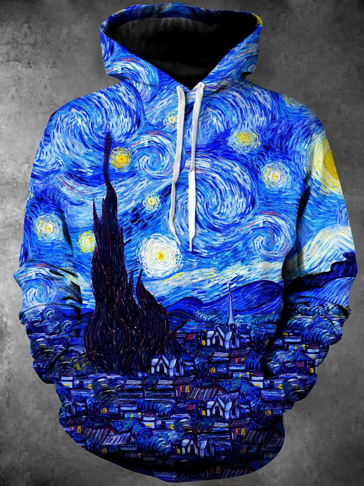 Oil Painting Long Sleeve Hooded Pocket Men's Top