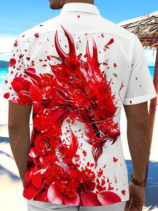 Men's black dragon floral short sleeve shirt back view