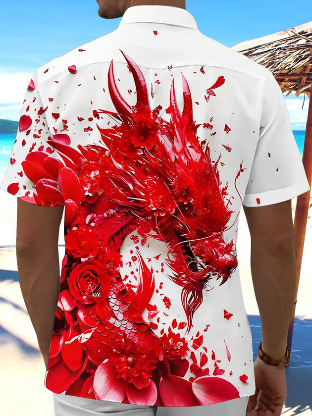 Men's black dragon floral short sleeve shirt back view