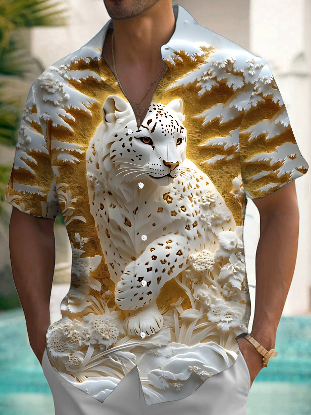 Snow Leopard Print Men's Pocket Short Sleeve Shirts