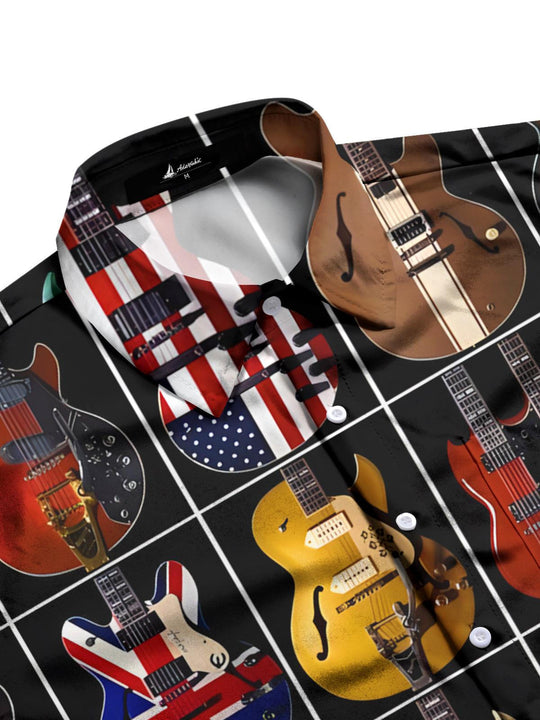 Men's black guitar print short sleeve shirt side view