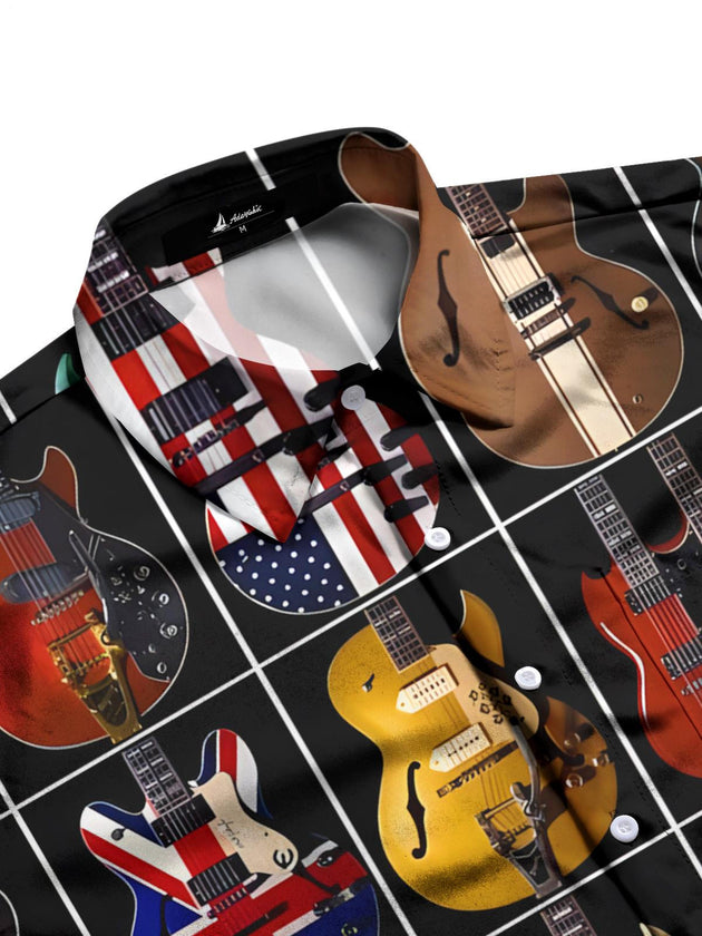 Men's black guitar print short sleeve shirt side view
