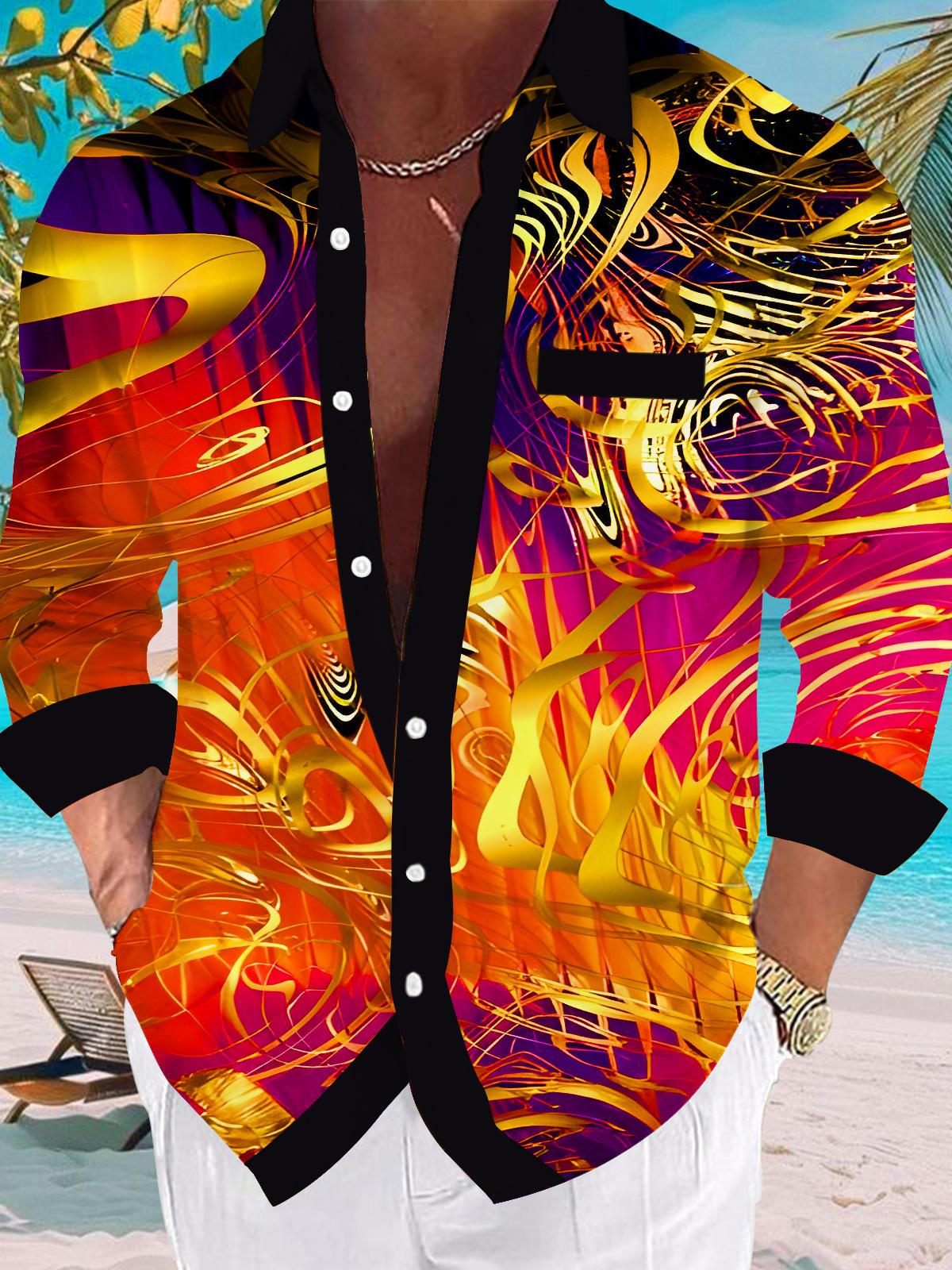 Art Gilded Gradient Abstract Geometry Men's Pocket Long Sleeve Shirts