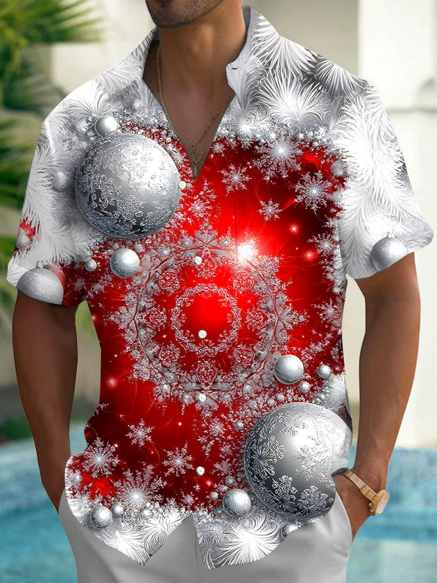 Men's red Christmas ball print short sleeve shirt front view for holiday party