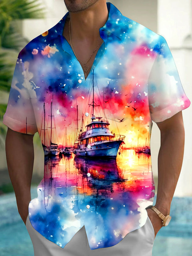 men's Hawaiian shirt front view tropical beach vacation