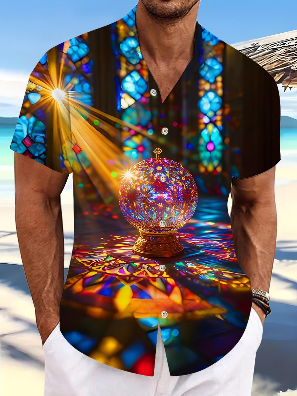 Stained Glass Church Windows Reflect Dazzling Light Shadow Crystal Ball Men's Pocket Short Sleeve Shirts