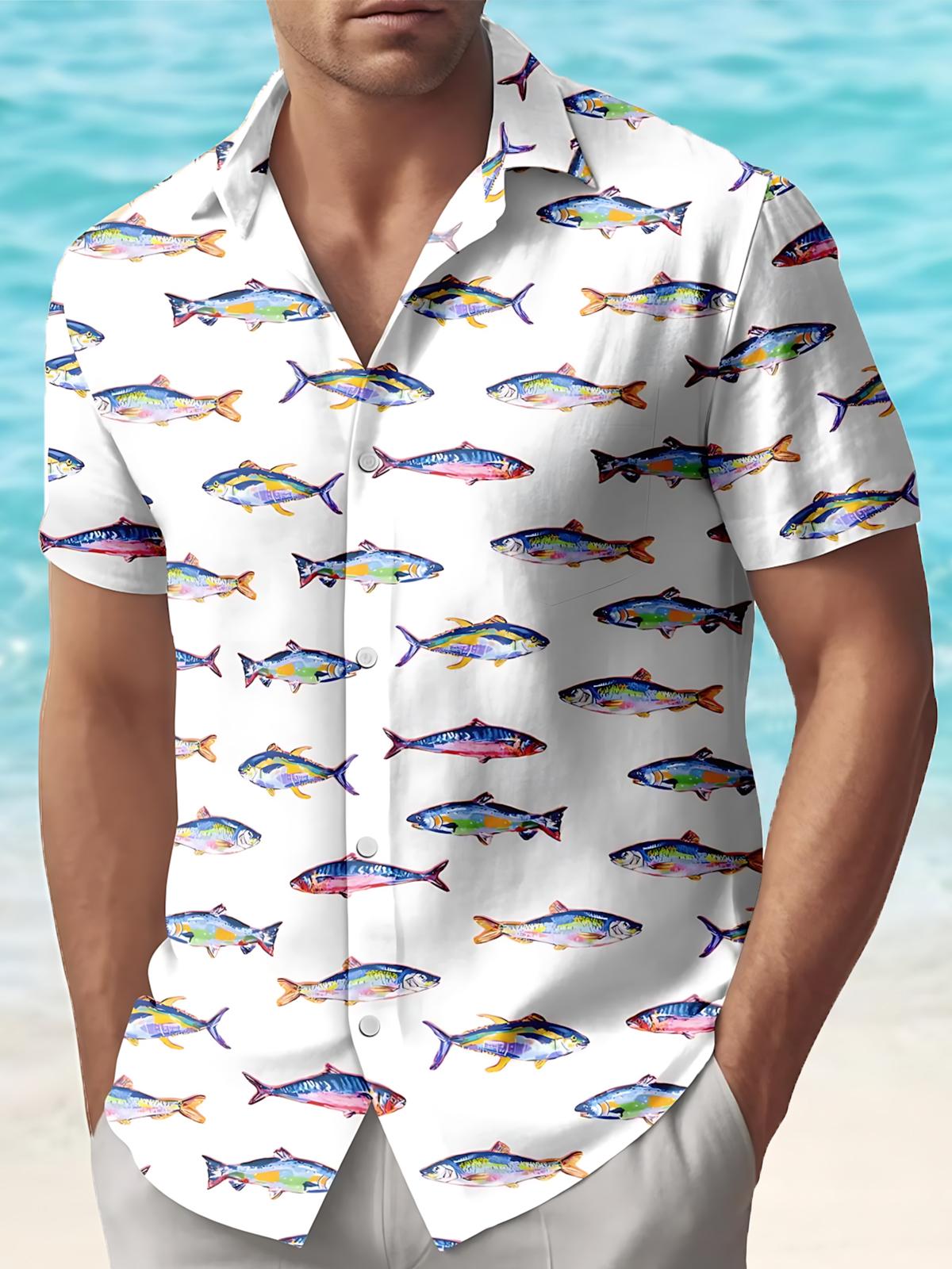 Men's blue fish print short sleeve shirt front view