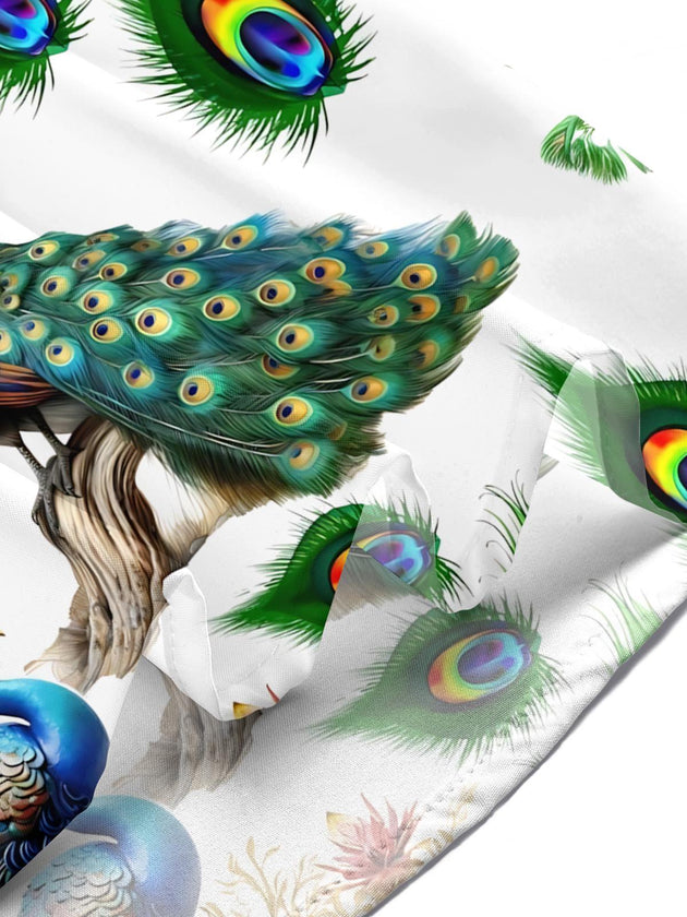 men's peacock print shirt close-up short sleeve