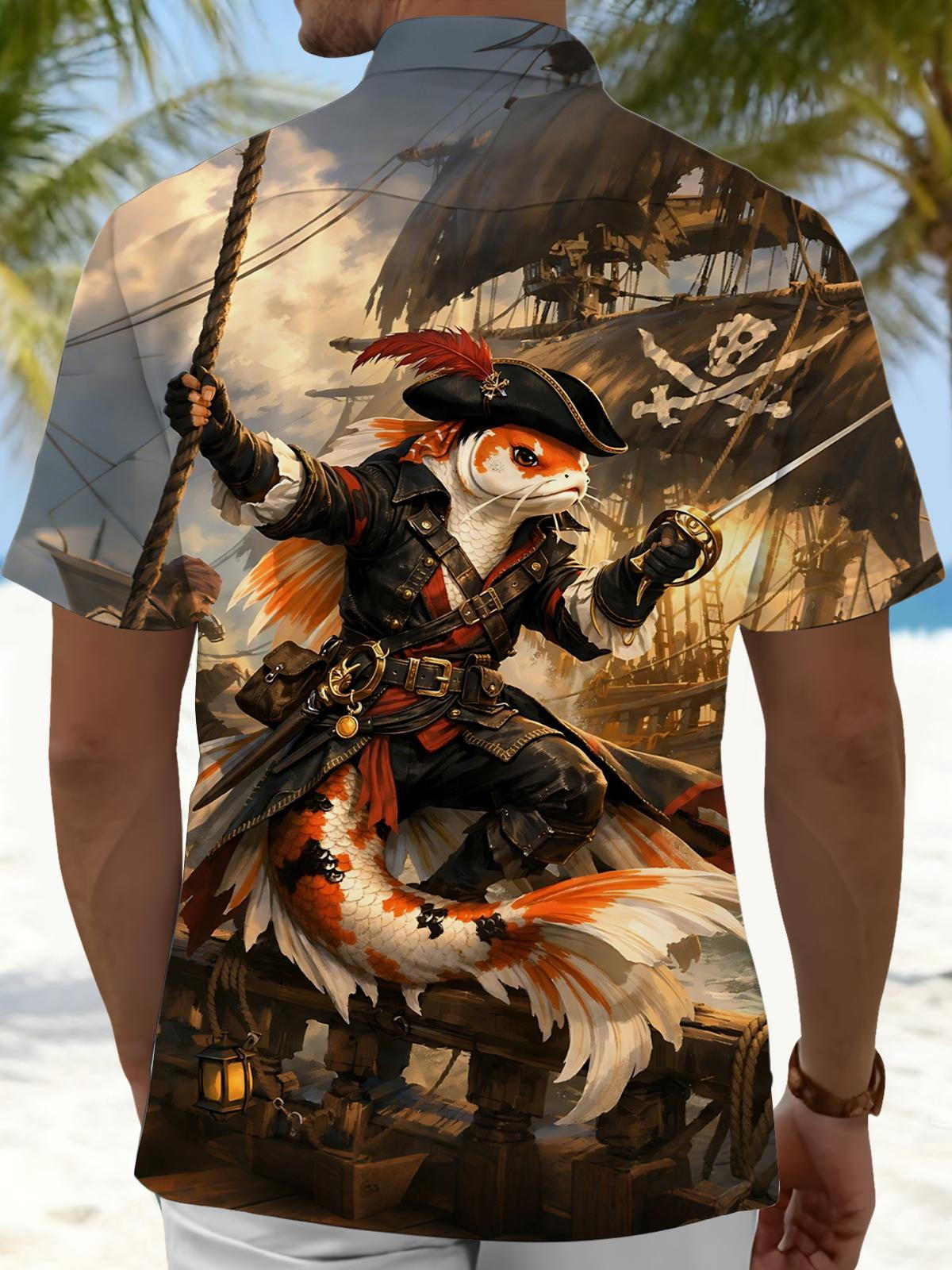 Pirate Goldfish Print Men's Pocket Short Sleeve Shirts