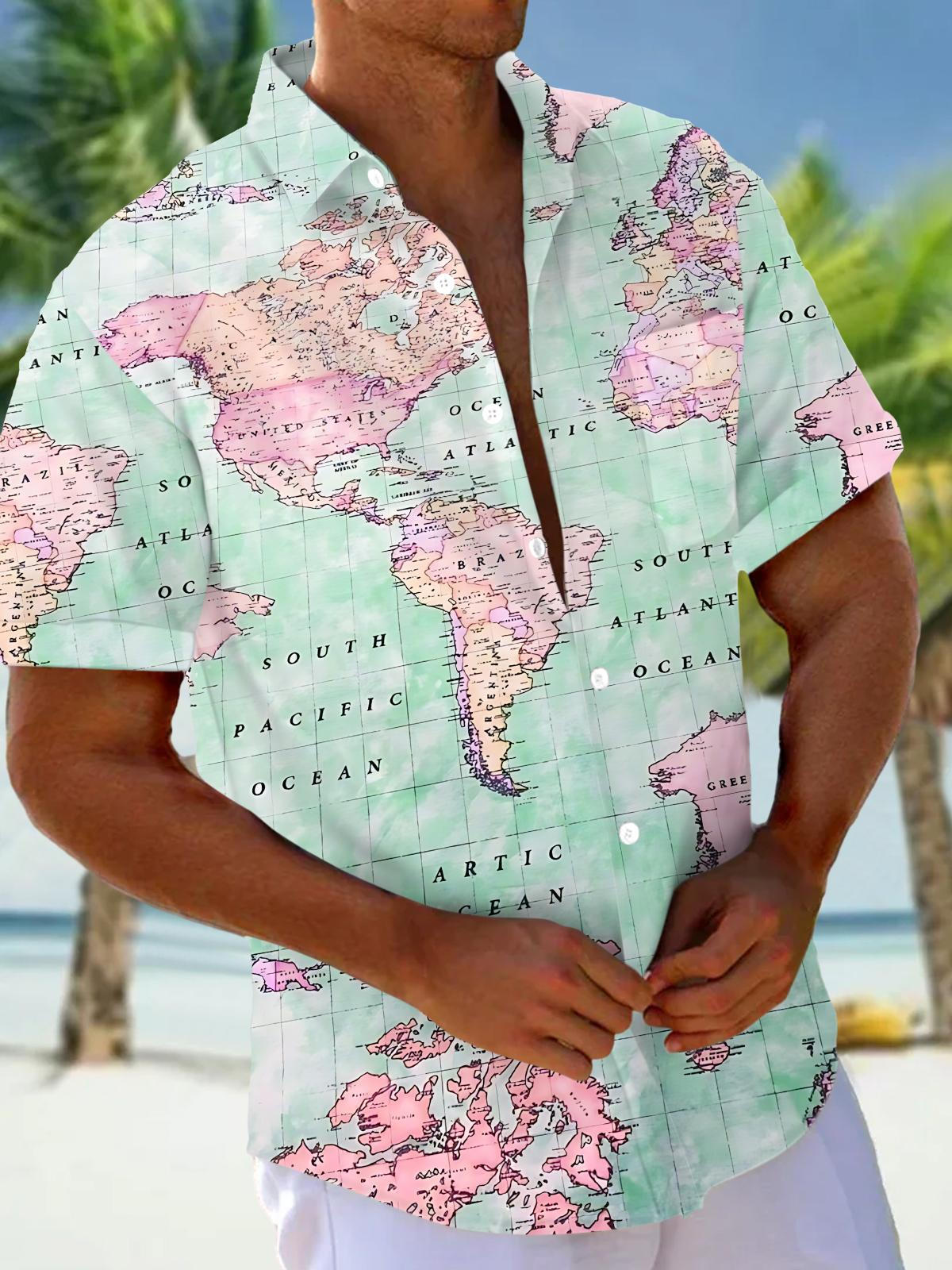 Map Print Men's Pocket Short Sleeve Shirts