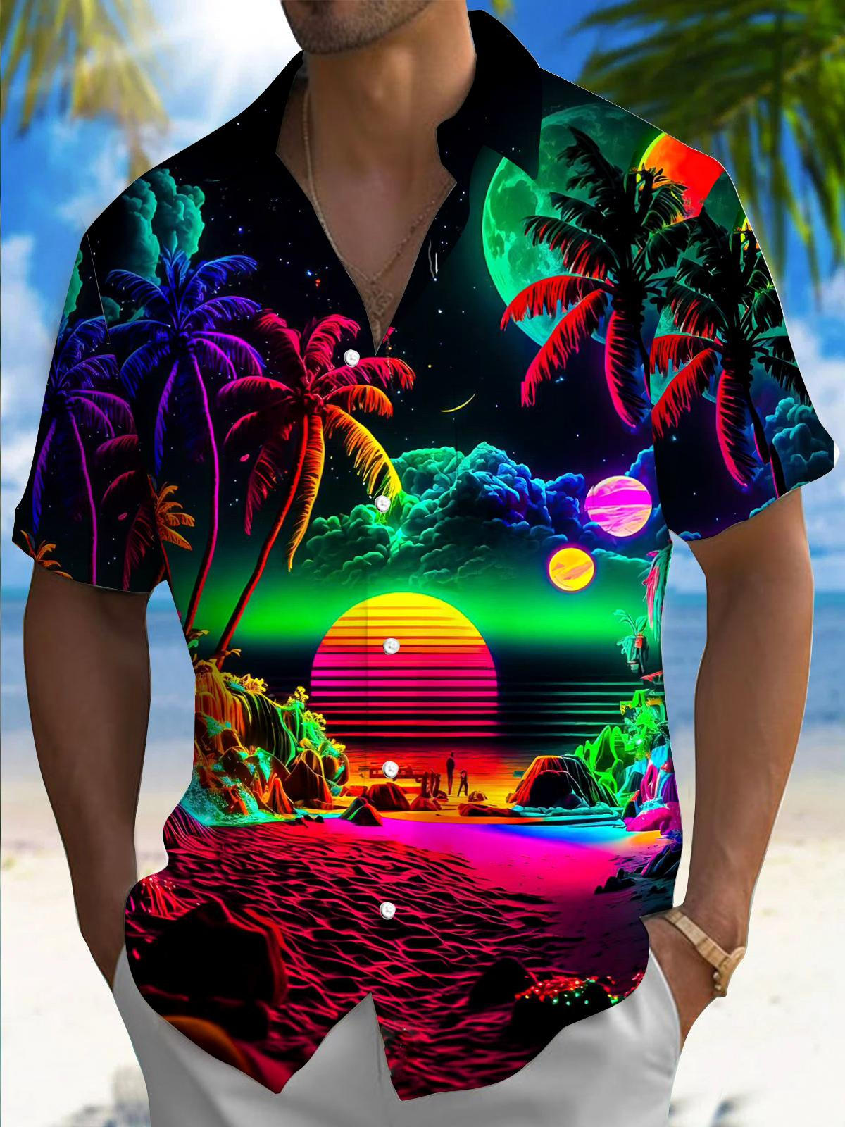 Hawaiian Coconut Tree Men's Pocket Short Sleeve Shirts