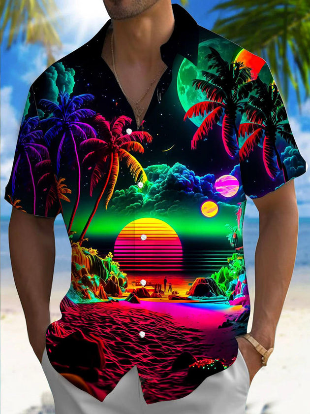 Men's Hawaiian coconut tree short sleeve shirt front view for tropical beach vacation