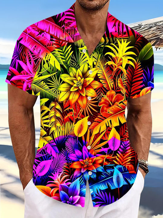 Neon Colorful Tropical Hibiscus Leaves Hawaii Vacation Men's Pocket Short Sleeve Shirts