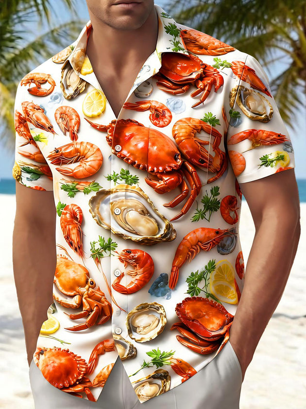Fun Realistic Seafood Crab Oyster Lemon Men's Pocket Short Sleeve Shirts