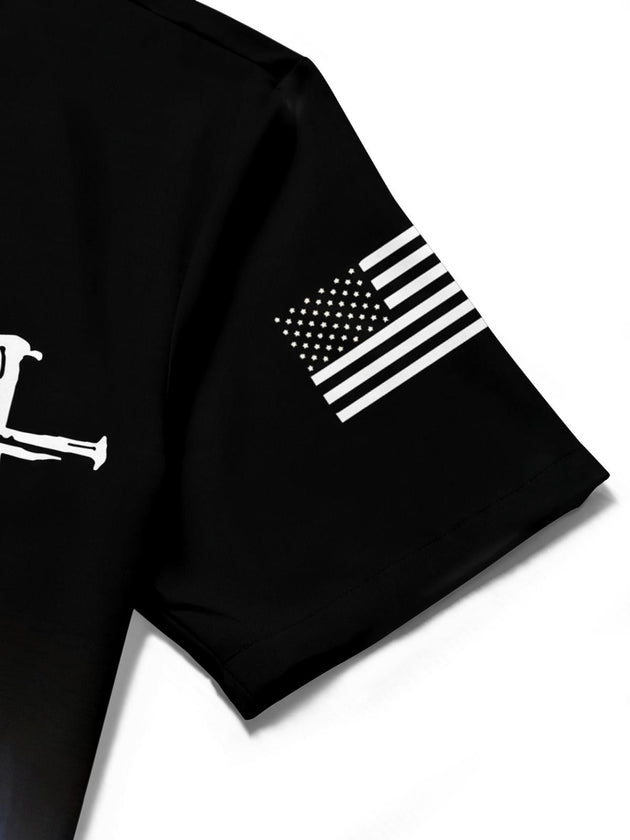 women's American flag print shirt close-up short sleeve