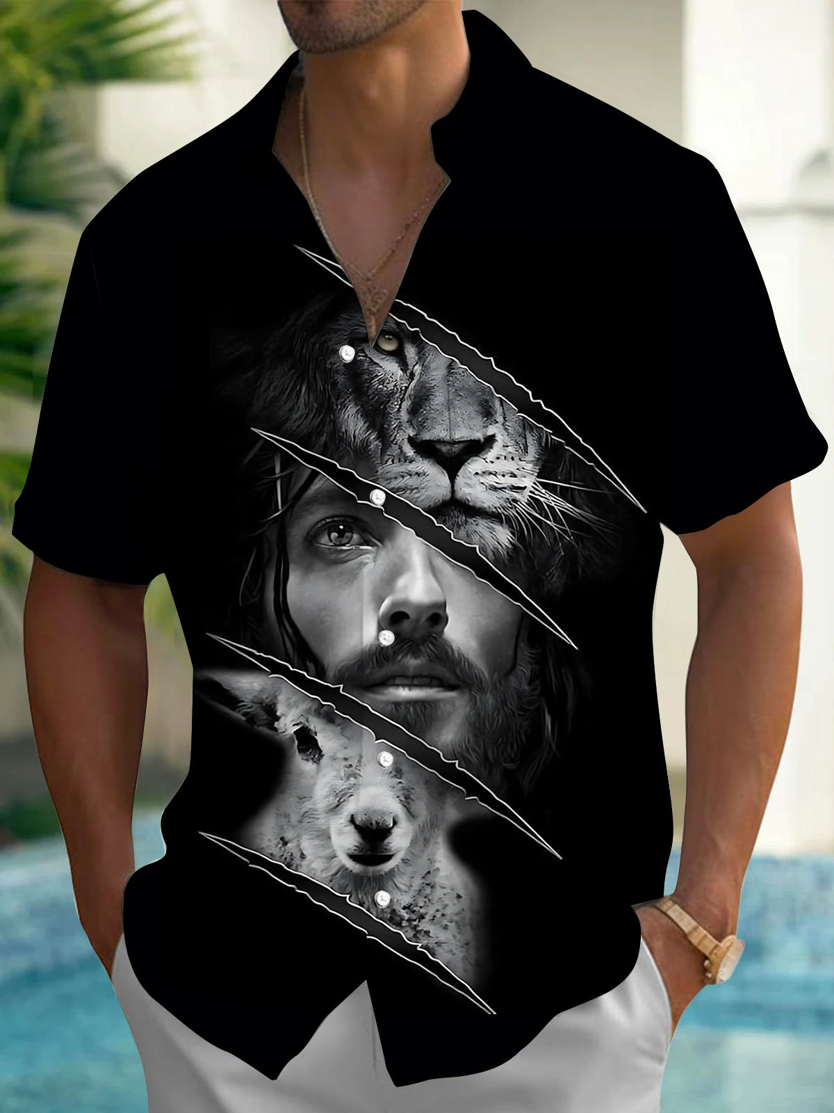 Christian Jesus Print Men's Pocket Short Sleeve Shirts