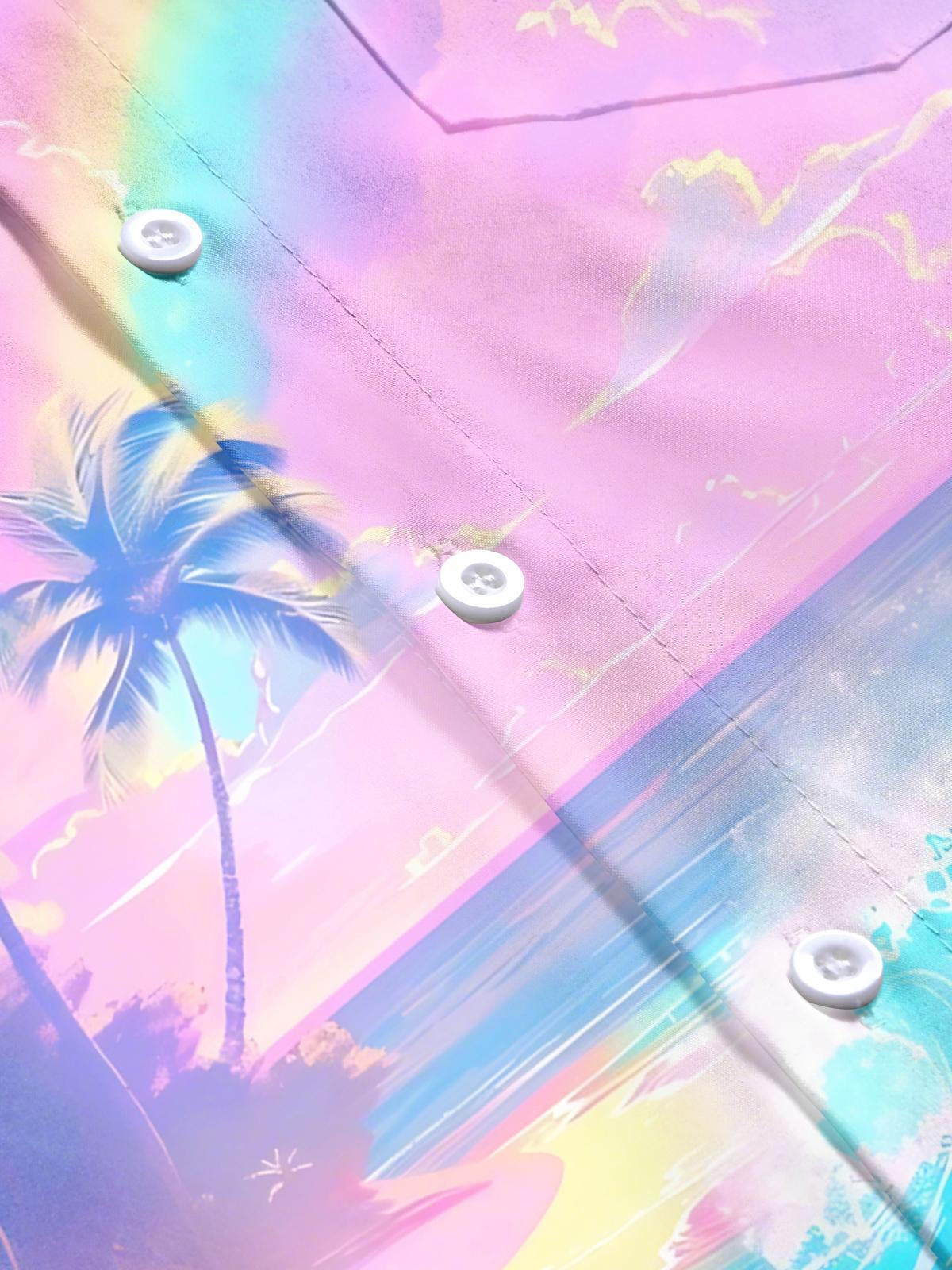 Hawaii Coconut Tree Rainbow Ocean Print Men's Pocket Short Sleeve Shirts