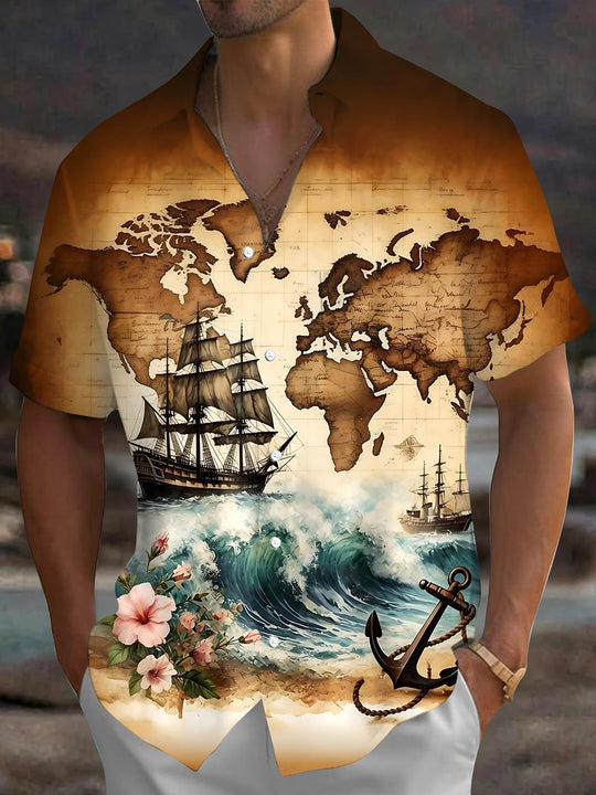 Retro Boat Anchor Map Men's Pocket Short Sleeve Shirts