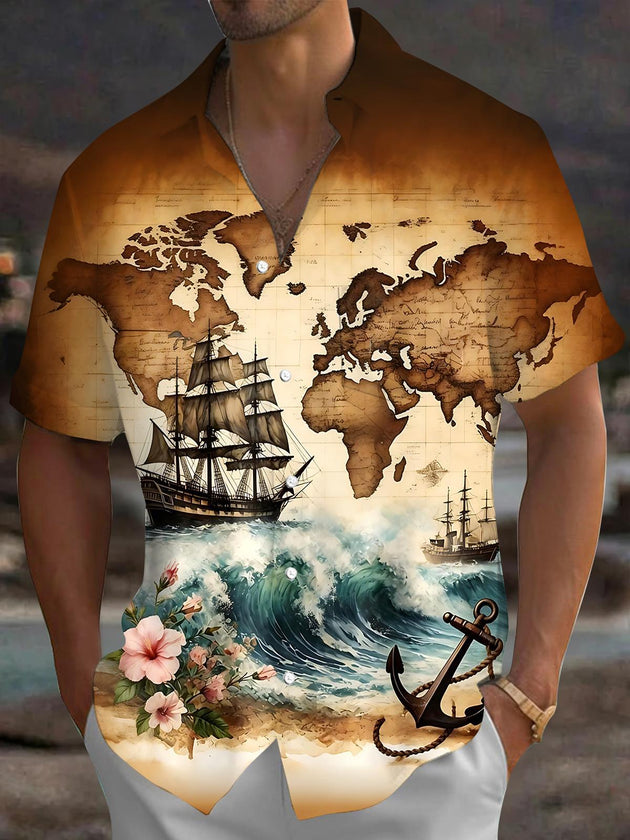 Retro Boat Anchor Map Men's Pocket Short Sleeve Shirts