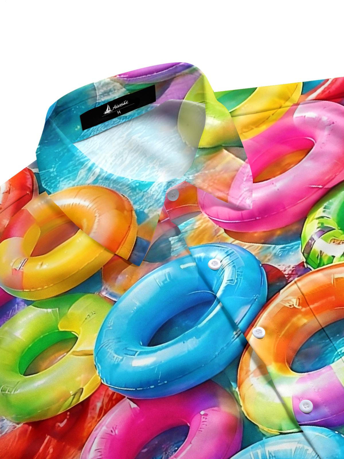 Hawaiian Swimming Ring Print Men's Pocket Short Sleeve Shirts