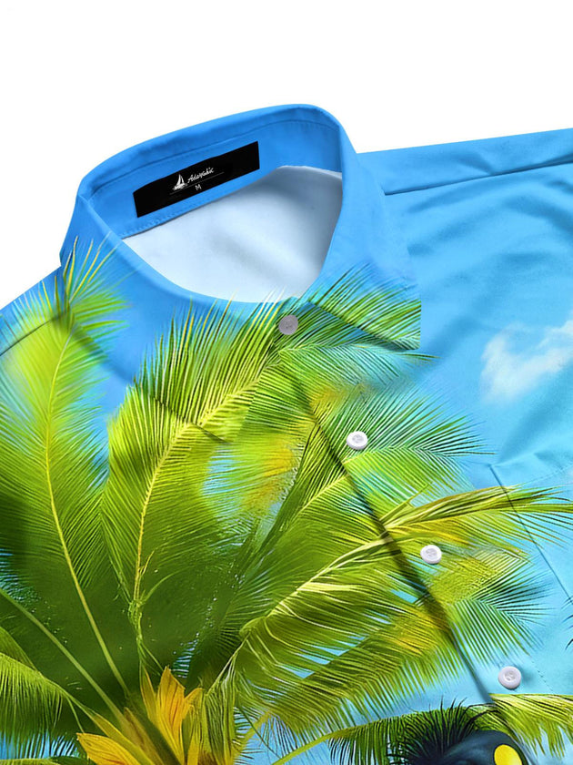 Matching couples colorful tropical coconut tree penguin short sleeve shirt side view
