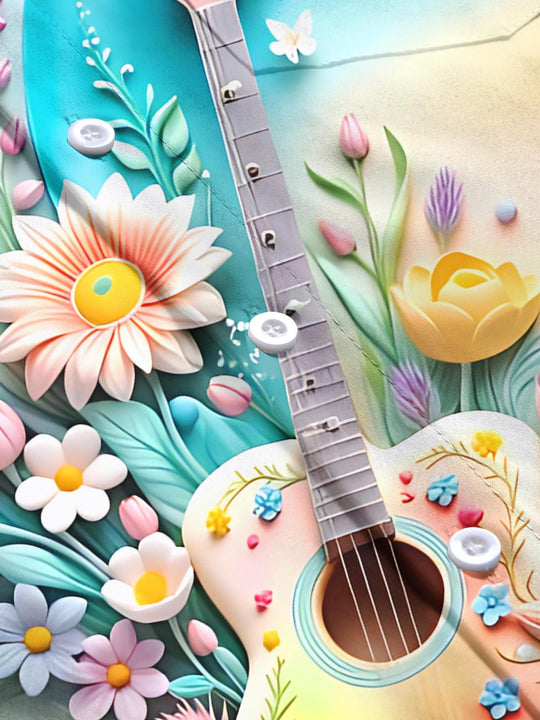 Men's floral long sleeve shirt flat lay showcasing guitar art print pattern