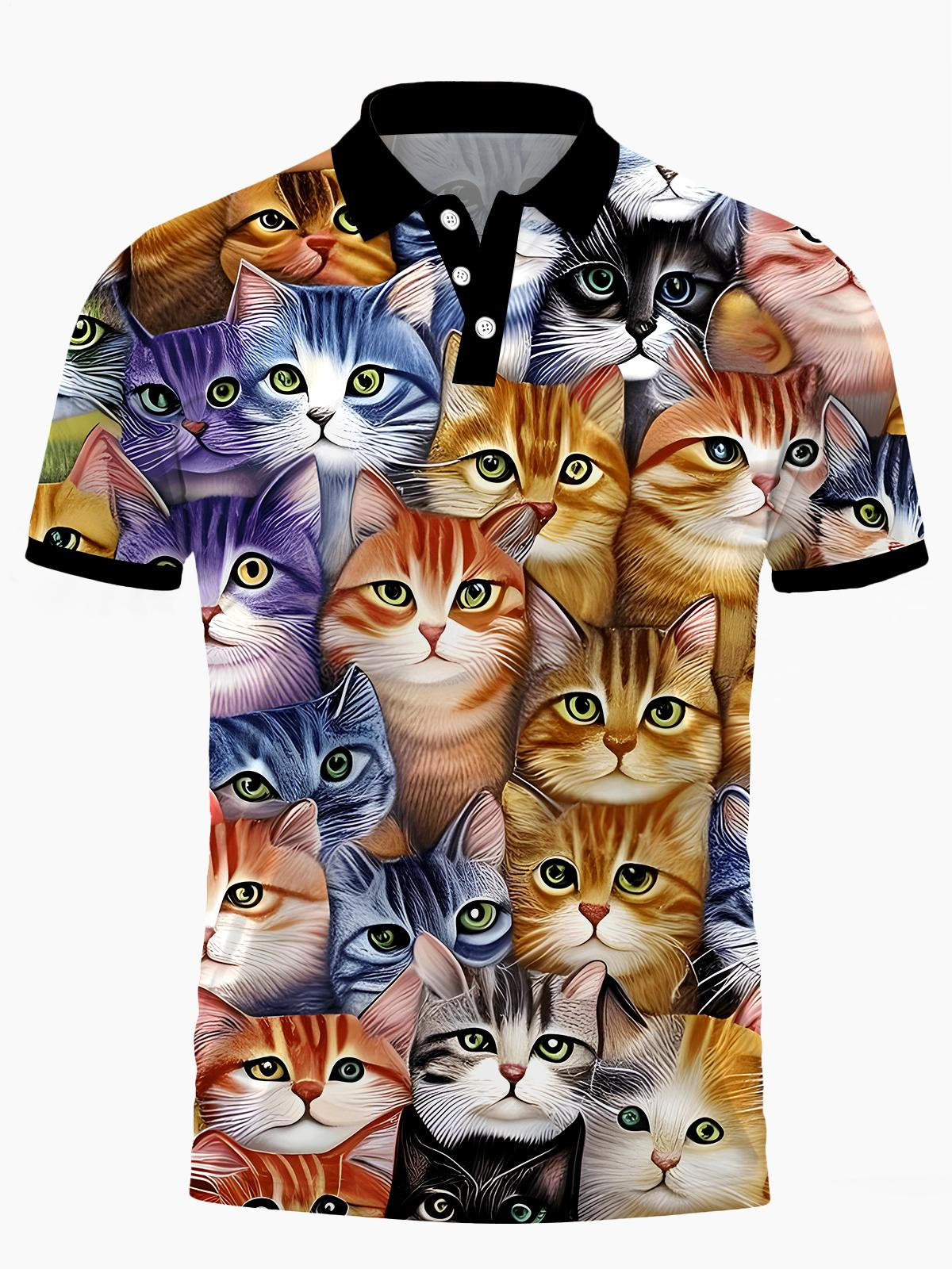 Cat Men's Short Sleeve Button Polo Shirt