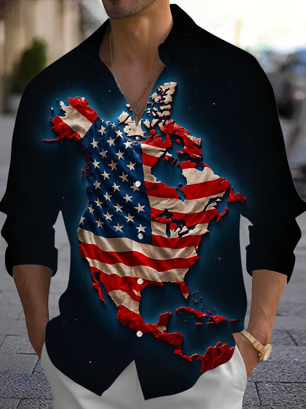 Map of North America American Flag Print Men's Pocket Long Sleeve Shirts