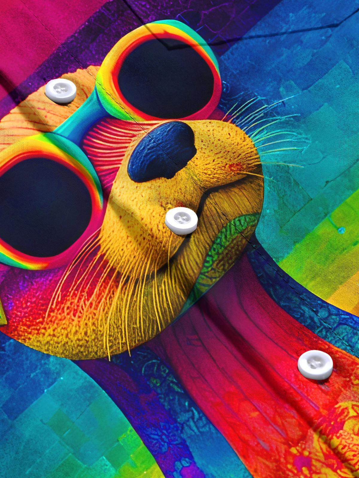 Funny Gradient Tie Dye Otter Wearing Sunglasses Men's Pocket Long Sleeve Shirts