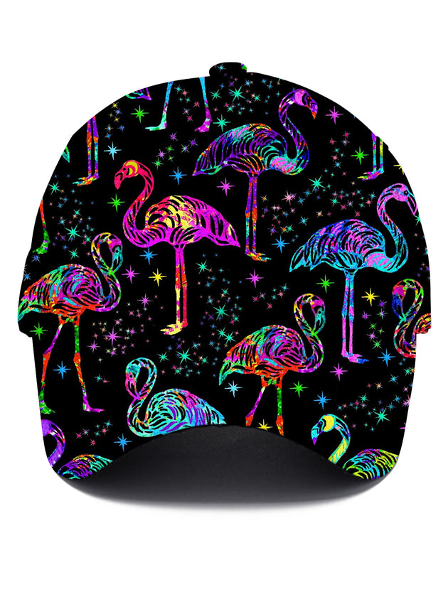 Men's Hawaiian print flamingo baseball cap front view for tropical beach vacation