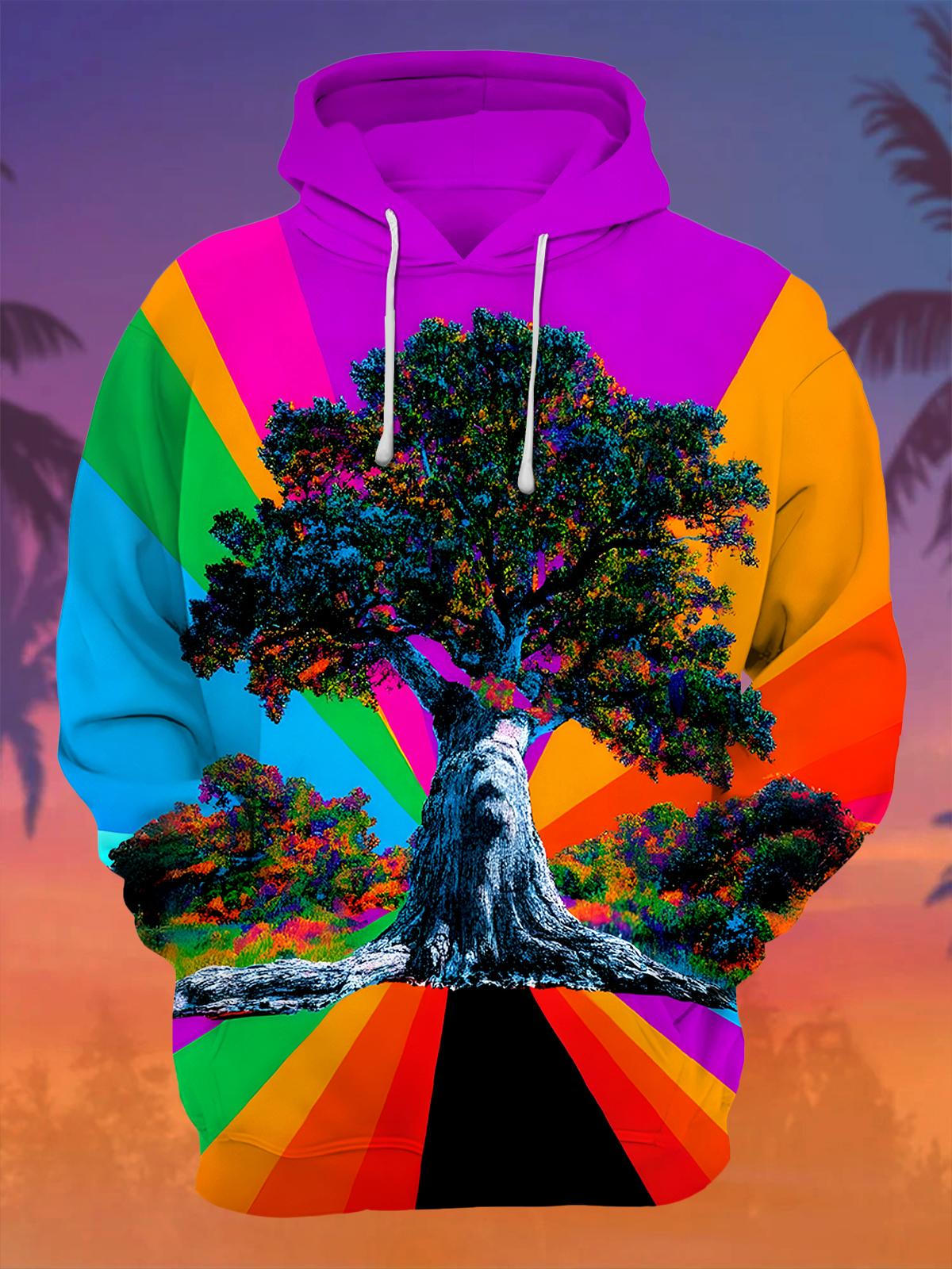 Tree Men's Long Sleeve Printing Pocket Hooded Sweatshirt