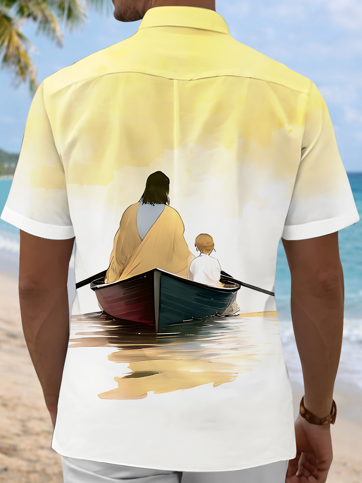 Jesus Child Boating Print Men's Pocket Short Sleeve Shirts