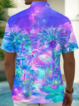 Men's Hawaiian coconut tree flamingo short sleeve shirt back view