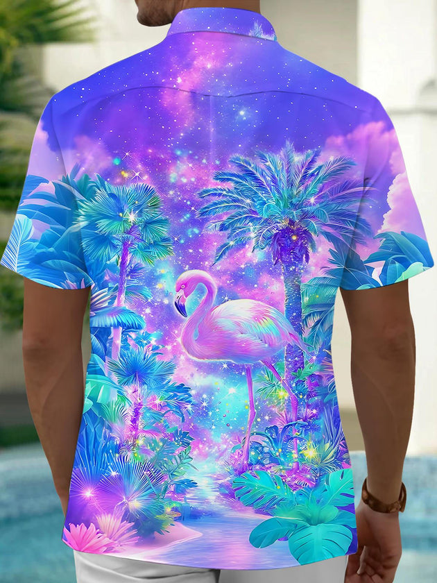 Men's Hawaiian coconut tree flamingo short sleeve shirt back view