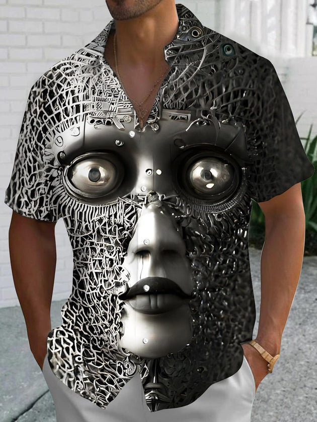 men's funny art face print short sleeve shirt front view