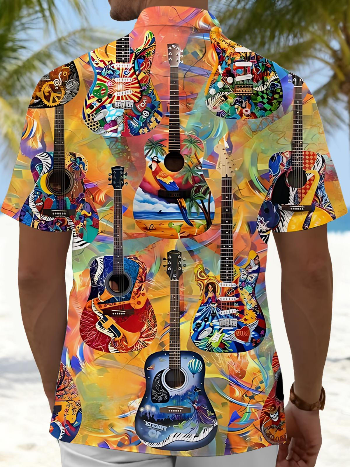 Hawaiian Guitar Print Men's Pocket Short Sleeve Shirts