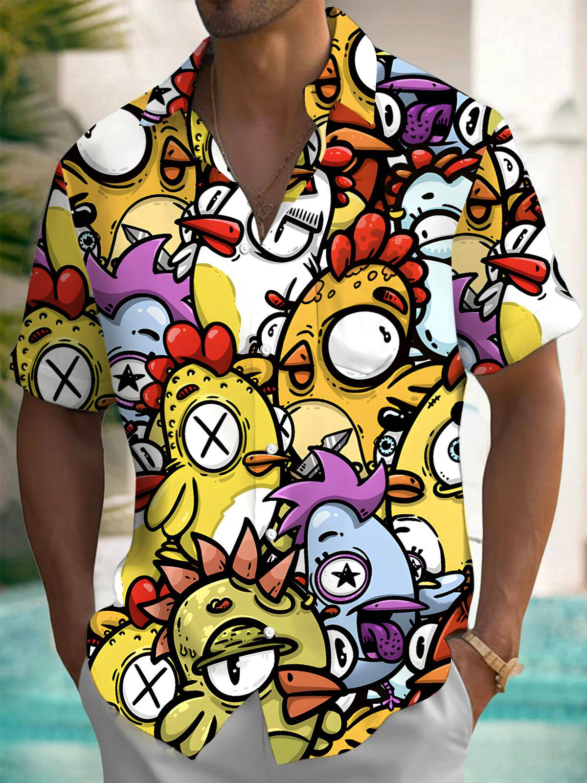 Chickens Party Print Men's Pocket Short Sleeve Shirts