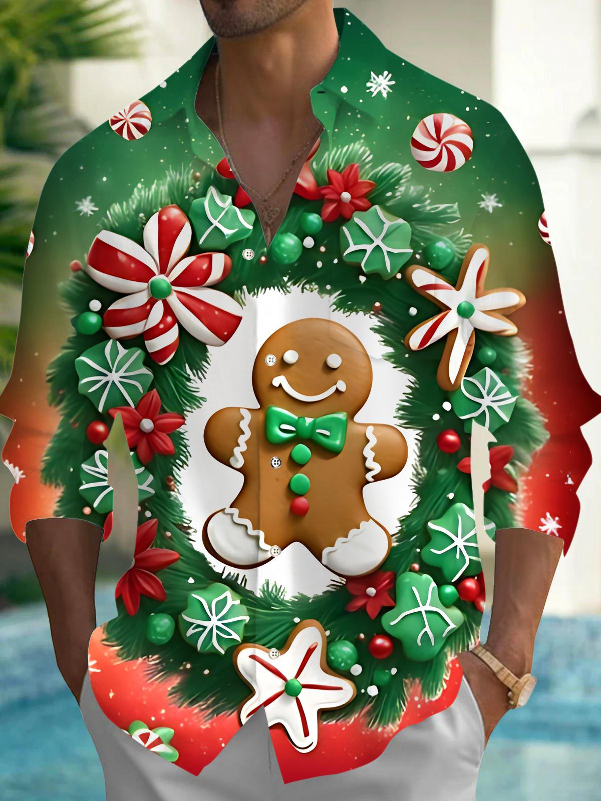 Christmas Gingerbread Man Print Men's Pocket Long Sleeve Shirts