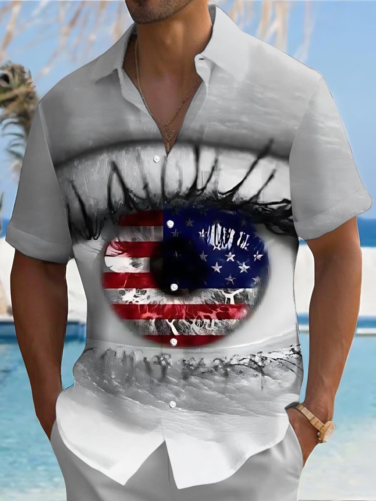 American Flag Eye Print Men's Pocket Short Sleeve Shirts