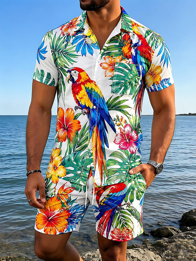 Hawaiian Parrot Flowers And Leaves Men's Short Sleeve Pocket Shirts And Shorts Set