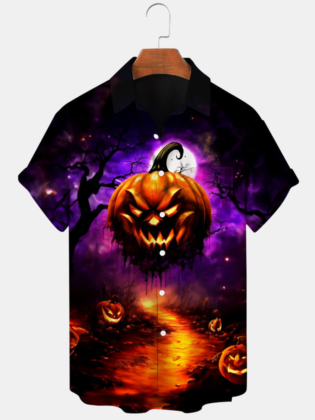 Men's orange pumpkin print short sleeve shirt front view Halloween costume