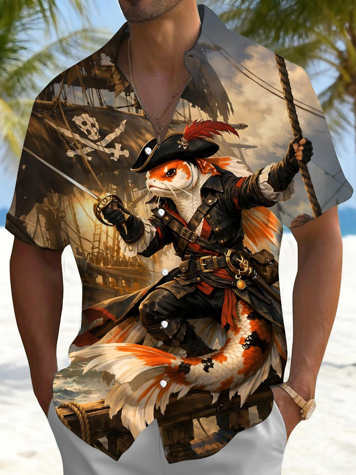 Pirate Goldfish Print Men's Pocket Short Sleeve Shirts
