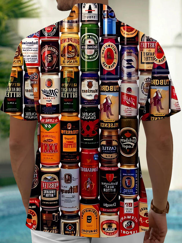 Men's blue beer print short sleeve shirt back view