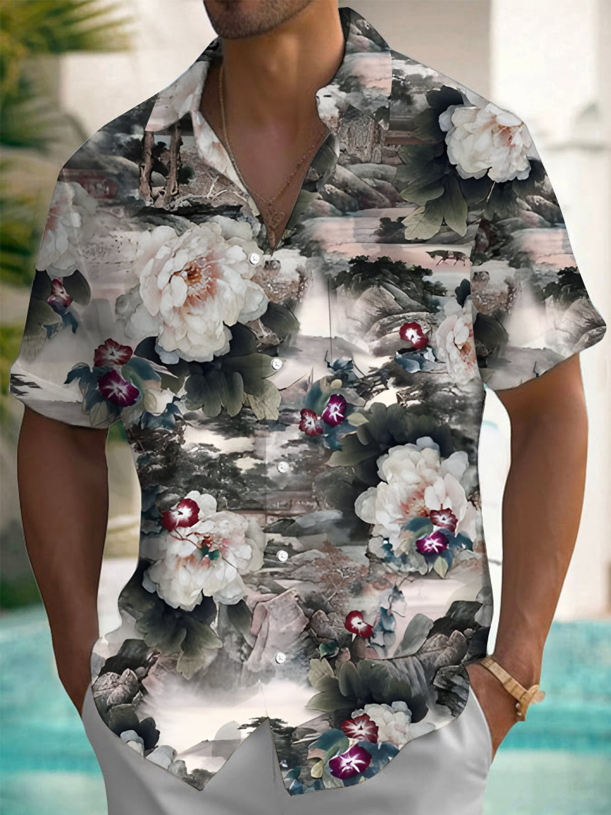 Ink Floral Men's Pocket Short Sleeve Shirts