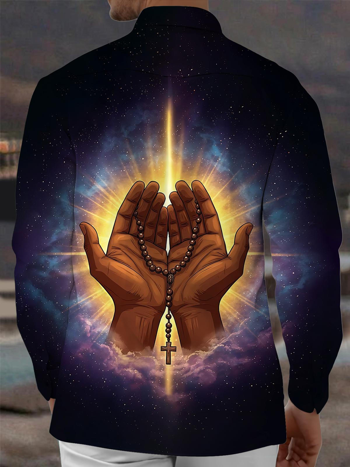 Christian Cross Print Men's Pocket Long Sleeve Shirts